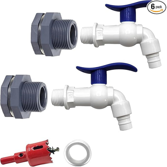 2 Pack Rain Barrel Spigot Kit, Rain Barrel Faucet Kit with Hole Saw and 1/2" PVC Bulkhead Fitting for Water Barrel, Water Tanks, Rain Barrels, Tubs, Garden Barrels