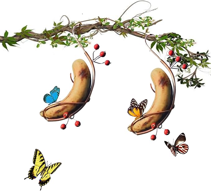 2PCS Butterfly Banana Hammock Feeder,Butterfly Feeders for Outdoors,Butterfly Houses for The Garden,Hanging Metal Butterfly House Attract Butterflies, Bees and Birds
