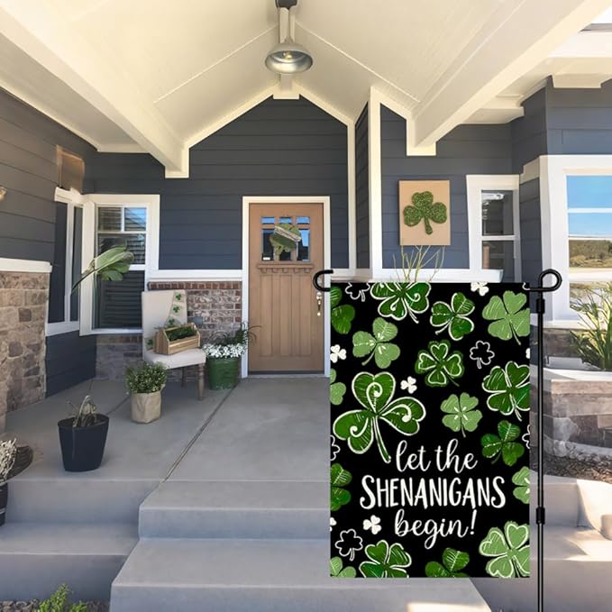 St Patricks Day Garden Flag 12x18 Inch Double Sided Outside, Let the Shenanigans Begin Shamrock Outdoor Yard Flag Green Lucky Clover Holiday Decoration