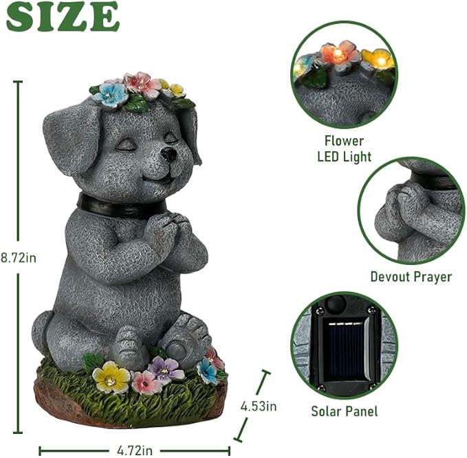 Solar Dog Figurine Garden Decor with LED Lights - Solar Powered Outdoor Statue for Yard, Patio, Lawn - Waterproof Animal Decor
