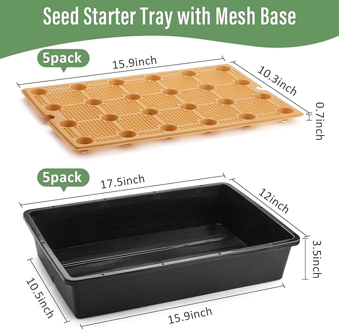 5 Pack Nursery Pots Trays with Removable Mesh Drainage Mat, Plastic Seed Starter Trays (17"x12"x3.5") with Drainage Hole, Propagation Kit for Seedlings, Microgreens, Plant Germination (Black)