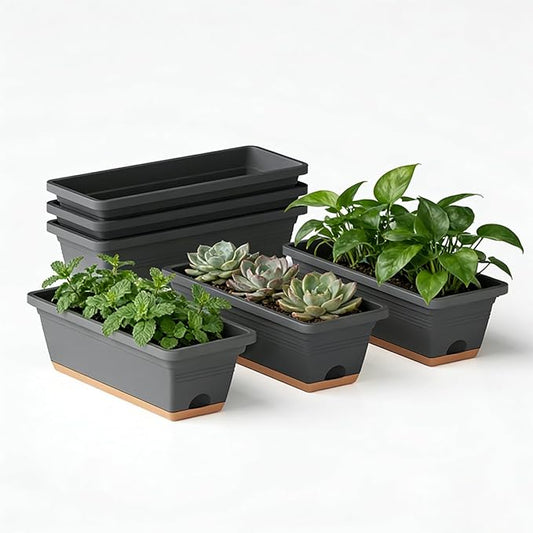 Window Box Planter, 6 Pack Plastic Vegetable Flower Window Planters Boxes 16 Inches Rectangular Flower Pots with Drainage Holes and Saucers (Grey)