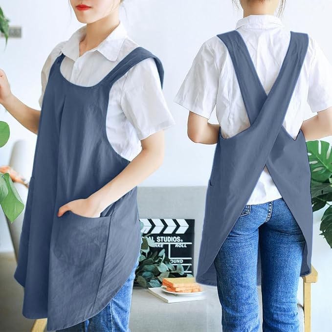 NEWGEM Japanese Cotton Linen Cross Back Cooking Apron for Women Men with Pockets Cute for Baking Kitchen