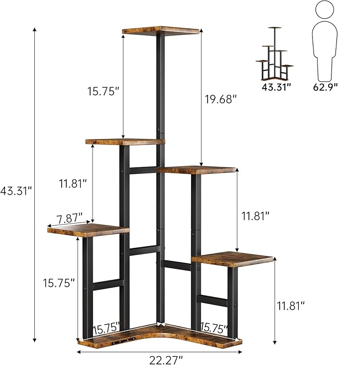 Corner Plant Stand Indoor with Grow Lights, 6 Tiered Corner Plant Shelf Flower Stand for Multiple Plants, Plant Shelves Organizer Rack for Living Room, Balcony, Patio, Square Rustic Brown