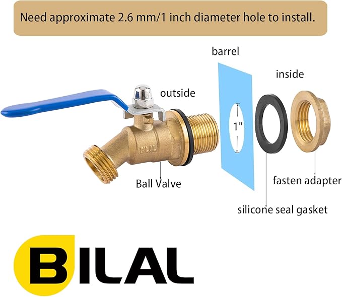 BILAL Brass Water Container/Rain Barrel Spigot, 3/4" GHT Male Threaded Quarter Turn Ball Valve with Bulkhead Fitting, Rain Barrel Kit for Garden Hose Thread Connection, 5 55 Gallon Bucket