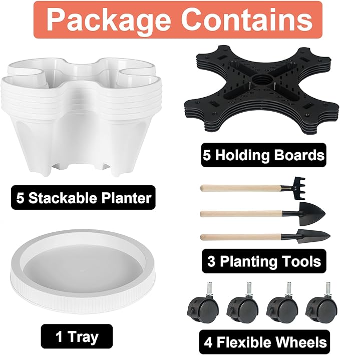 GameXcel Vertical Planter 5 Tier Stackable Planters Garden Planters Strawberry Herb Flower and Vegetable Planter Indoor Outdoor Gardening Pots with Removable Wheels and Tools White