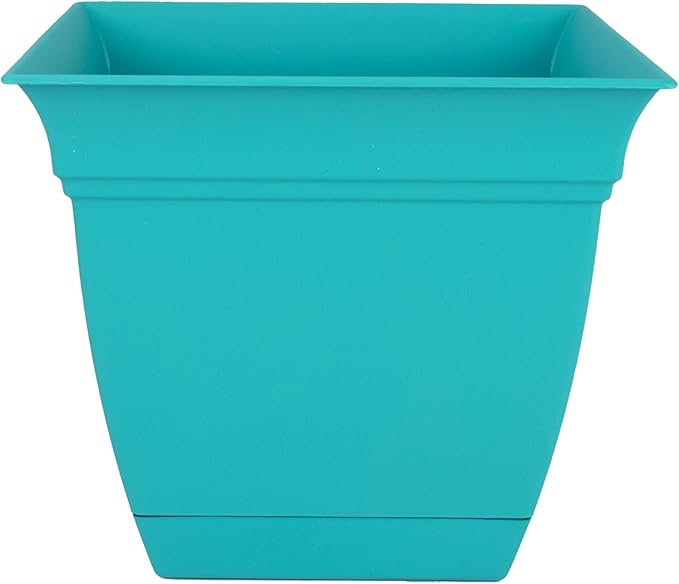 The HC Companies Eclipse Square Plastic Planter w/Attached Saucer - Outdoor & Indoor Plant Pot with Drainage Holes - Lightweight, UV-Resistant Plastic Pots for Plants (8" Teal, Pack of 1)