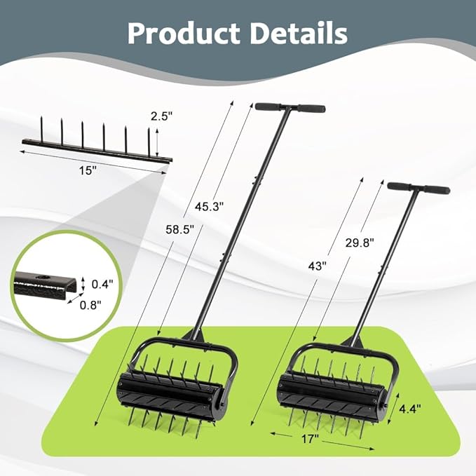 KELIXU Lawn Aerator Tool, 17” Manual Lawn Aerators Roller, Heavy Duty Rolling Lawn Air Aerator Tool with Spike Row, 58.5” H Grass Lawn Aeration Tool, Yard Tools for Garden, Cropland to Loose Soil