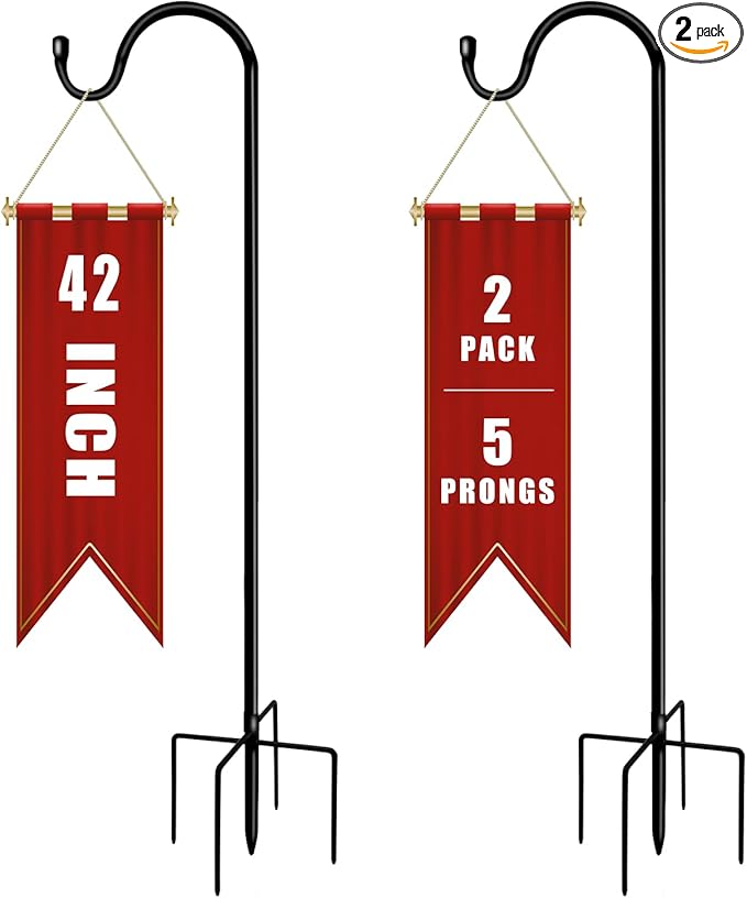 Shepherds Hooks for Outdoor 42 Inch Garden Bird Feeder Pole with 5 Prongs Base Adjustable for Hanging Flower Basket Plant Pot Solar Lantern Light Wind Chime Hanger for Wedding Decor 2 Pack