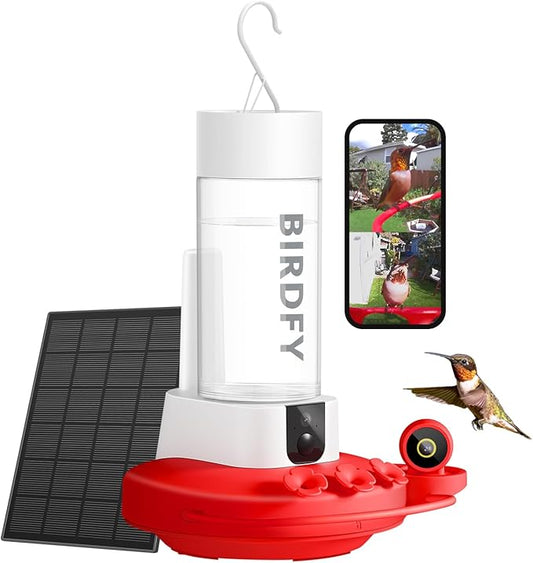 Birdfy Hummingbird Feeder with Dual Cameras - 2K HD Smart Cameras Solar Powered, Close-Up Bird Video/Live Watching & Instant Notifications, Ant Moat & Leakproof - 20oz