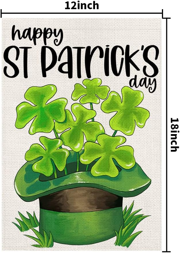 Happy St Patricks Day Burlap Garden Flags 12x18 Inch Double Sided, Green Lucky Shamrock Sign Small Farmhouse Yard Outdoor Decor DF192