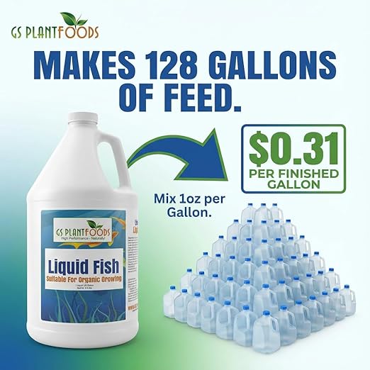 GS Plant Foods Liquid Fish Fertilizer - Organic Material Review Institute Listed (5 Gallons) – Natural Hydrolyzed Fish Fertilizer for Gardens, Lawns & Container Growing