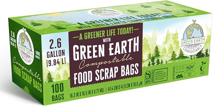 Green Earth Compostable Small Kitchen Food Scrap Trash Bags, Compost Bin Compatible, 2.6 Gallon, 10 Liter, 300-Count, Extra Thick 0.71 Mil, ASTM D6400, BPI (US) & OK Compost Home (EU) Certified