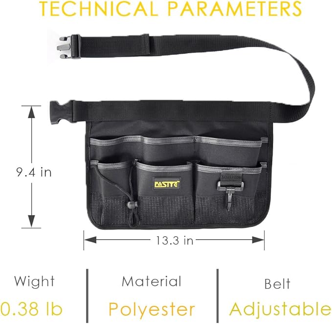 FASITE YL003B 7-POCKET Gardening Tools Belt Bags Garden Waist Bag Hanging Pouch, Black