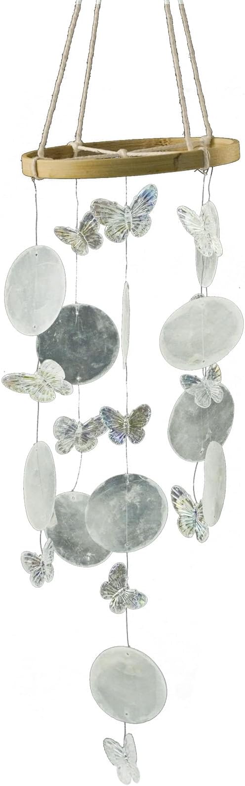 Wind Chimes Outdoor with Round Capiz Shells Butterfly,Ocean Theme Party Decorations Memorial Wind Chimes Suitable for Indoor Garden Patio Front Porch Decoration(White 13inch)