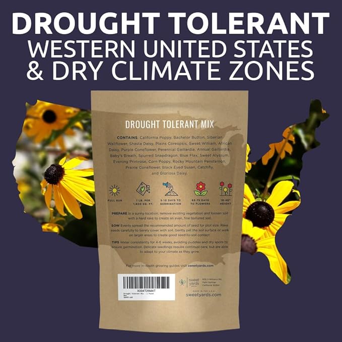 Drought Tolerant Wildflowers Mix – Bulk 5 Pounds – Over 600,000 Open Pollinated Non-GMO Seeds – 21 Different Dryland Species