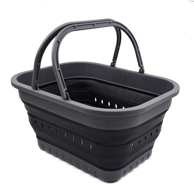 SAMMART 19L (5 Gallon) Collapsible Tub with Handle - Portable Outdoor Picnic Basket/Crater - Foldable Shopping Bag - Space Saving Storage Container (Grey/Black)