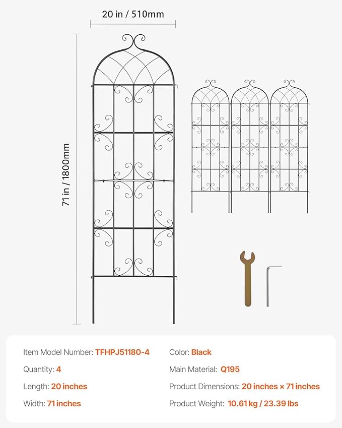 VEVOR 71 x 20 in, 4 Packs Rustproof Metal Garden Flower Trellis, Outdoor Climbing Rose & Cucumber Support, Decorative Clematis Trellis for Courtyards & Lawns