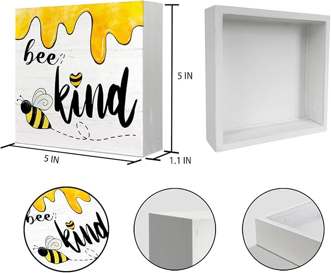 Bee Wooden Box Sign, Summer Decor for Home & Office, Rustic Tabletop Plaque, 5 x 5 Inch