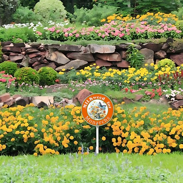 Kurmntregon Milkweed For Monarchs Sign With Stake Butterflies Garden Sign Round 9.2inch Rustproof Farm Home Lawn Walkway Ground Porch Aluminium Decorations