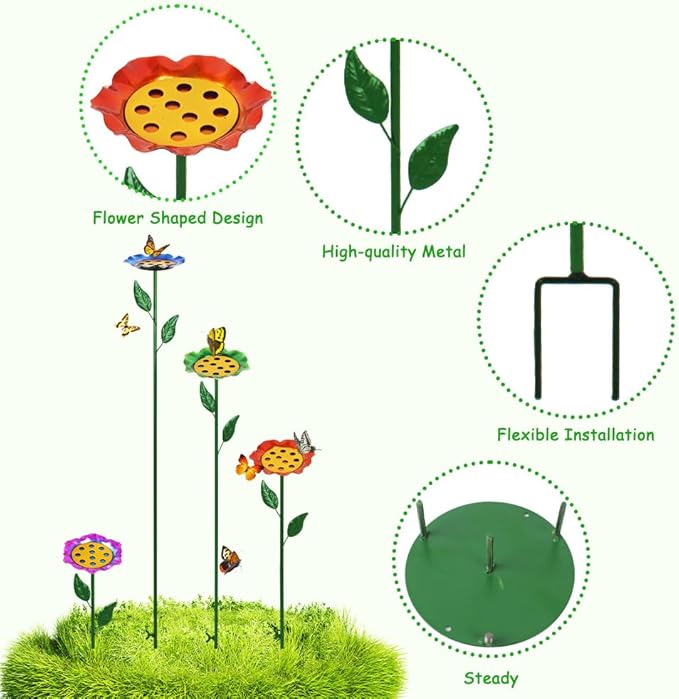 dreamysoul 4 Pack Bee Watering Station, Colorful Metal Bee Bath with Flower Design for Garden Yard