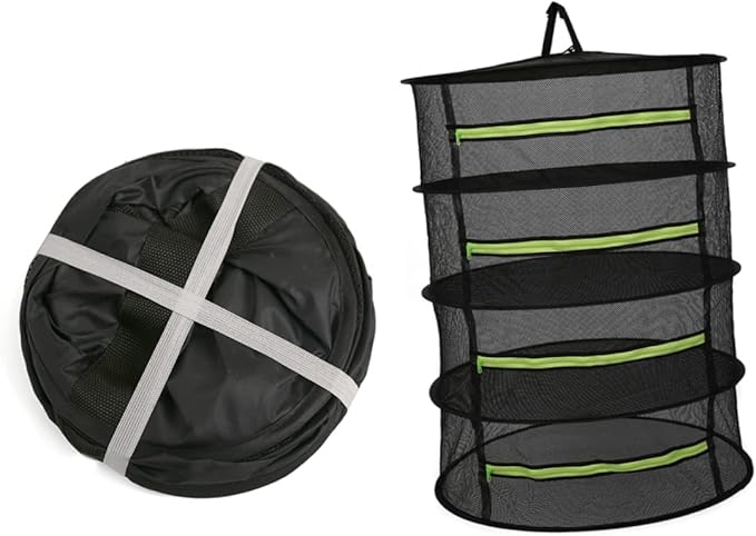 GLEAVI 4-Layer Mesh Drying Rack for Plants Garden Herbs Flowers with Zipper 45cm Black and Green Hanging Storage Organizer for Drying Herbs and Vegetables