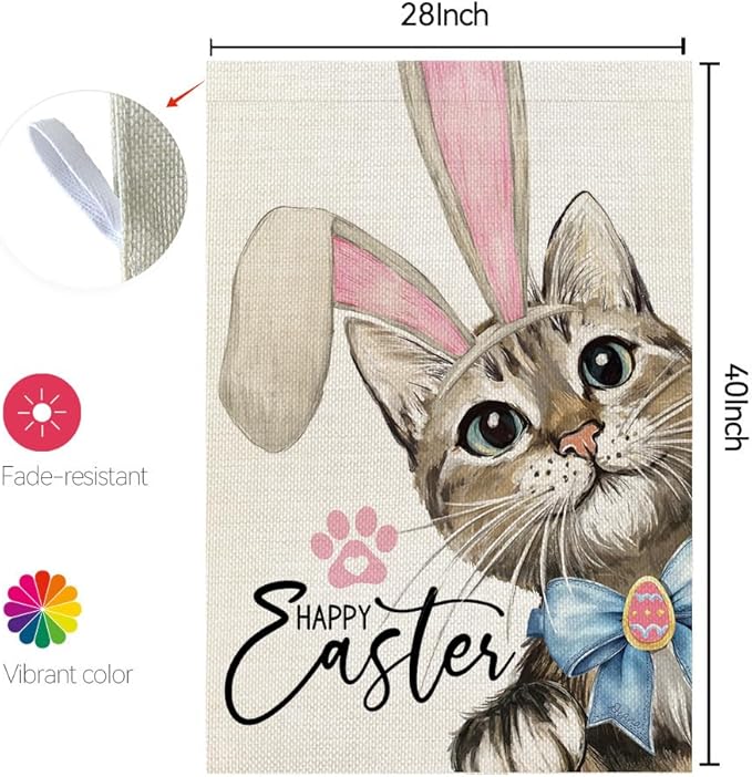 CROWNED BEAUTY Easter Cat House Flag 28x40 Inch Double Sided for Outside Small Burlap Welcome Holiday Yard Decoration CF1729-40