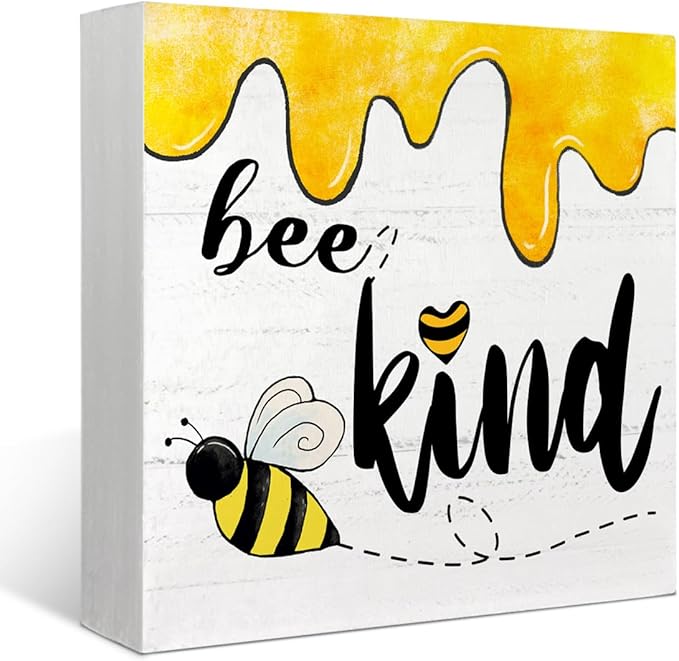 Bee Wooden Box Sign, Summer Decor for Home & Office, Rustic Tabletop Plaque, 5 x 5 Inch