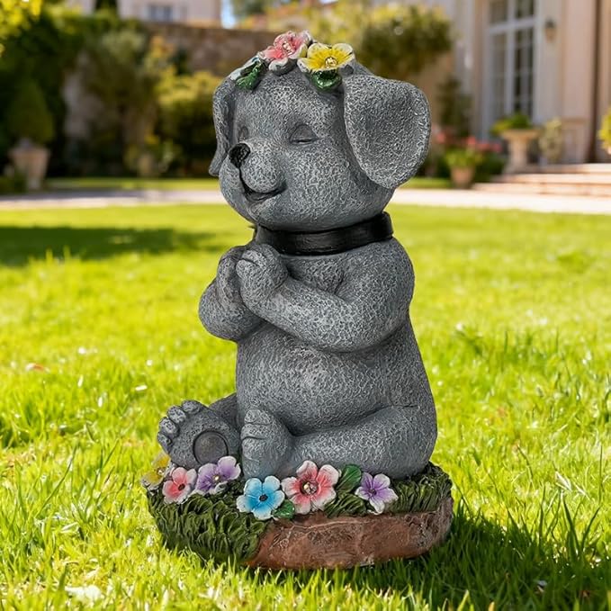 Solar Dog Figurine Garden Decor with LED Lights - Solar Powered Outdoor Statue for Yard, Patio, Lawn - Waterproof Animal Decor