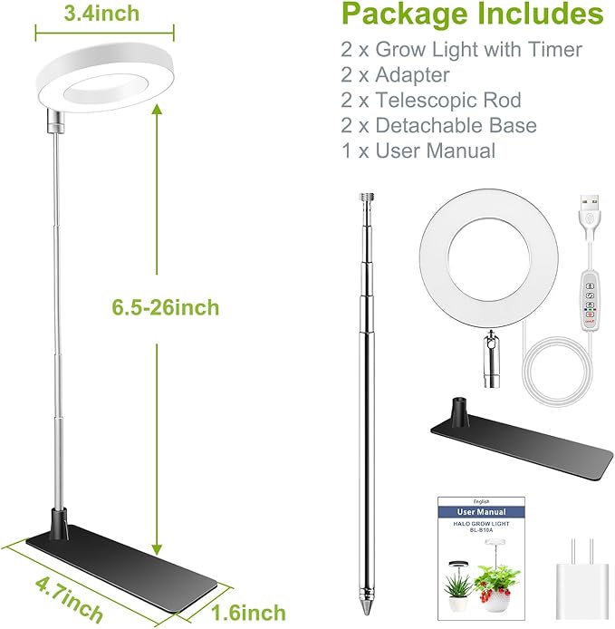 Grow Lights for Indoor Plants, Full Spectrum Halo Growing lamp with Detachable Base, Height Adjustable, 3 Colors, 10 Dimming, Automatic Timer, Plant Light for Small Plants Growing, 2-Pack