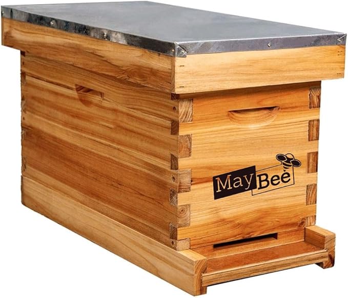 MayBee 5-Frame Nuc Beehive for Bees Complete Bee Hive Box Kit with Metal Roof Includes Wooden Frames & Waxed Foundations for Langstroth Beekeeping
