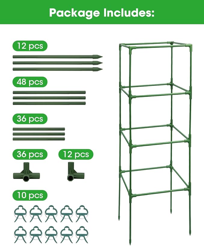 6 Pack Tomato Cage, Square Tomato Cages for Garden, Plant Trellis for Pots, Raised Garden Bed, Plant Support Stakes- 20 Clips Included