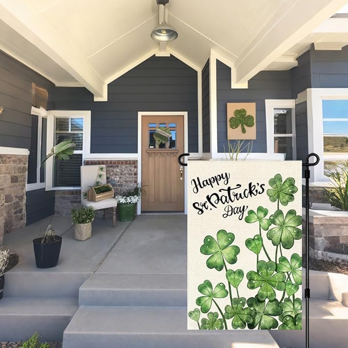 Happy St Patricks Day Garden Flag 12x18 Inch Double Sided Outside, Blossom Shamrock Outdoor Yard Flag Green Lucky Clover Holiday Decoration