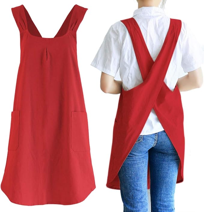 NEWGEM Japanese Cotton Linen Cross Back Cooking Apron for Women Men with Pockets Cute for Baking Kitchen