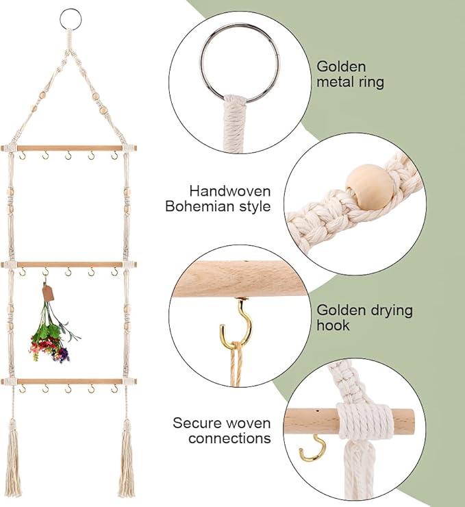 3-Tier Hanging Herb Drying Rack, Includes 25 Gift Tags & 32ft Natural Jute Twine, Handwoven Hanging Herb Dryer Rack Plant Hanger for Drying Herbs, Flowers, Sage(COLOR:Beige)