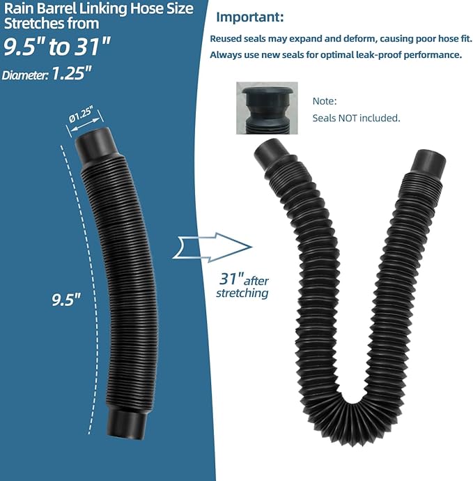 1.25" Diameter Rain Barrel Connector Hose Connect Downspout Diverter to Rainwater Barrel or Link 2 Rain Water Barrels to Store More Water for Home Garden Outdoor Chores