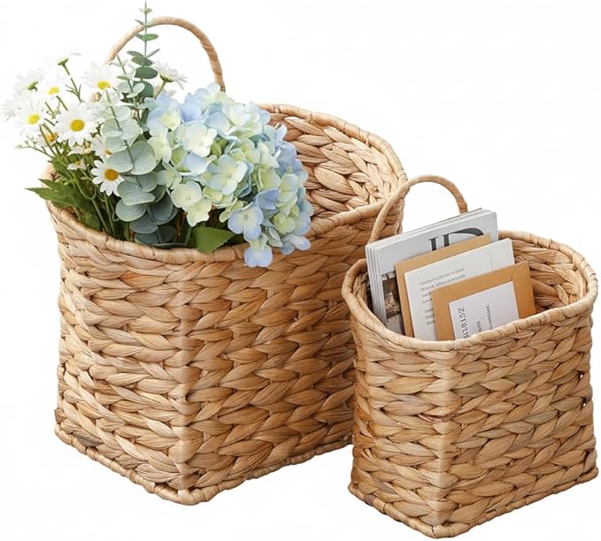 Wicker Hanging Basket,Woven Hanging Wall Basket for Organizing and Decor,Natural Water Hyacinth Wall Mounted Storage Baskets for Farmhouse Home,Door,Entryway,Flower,Mail,Plant,Set of 2