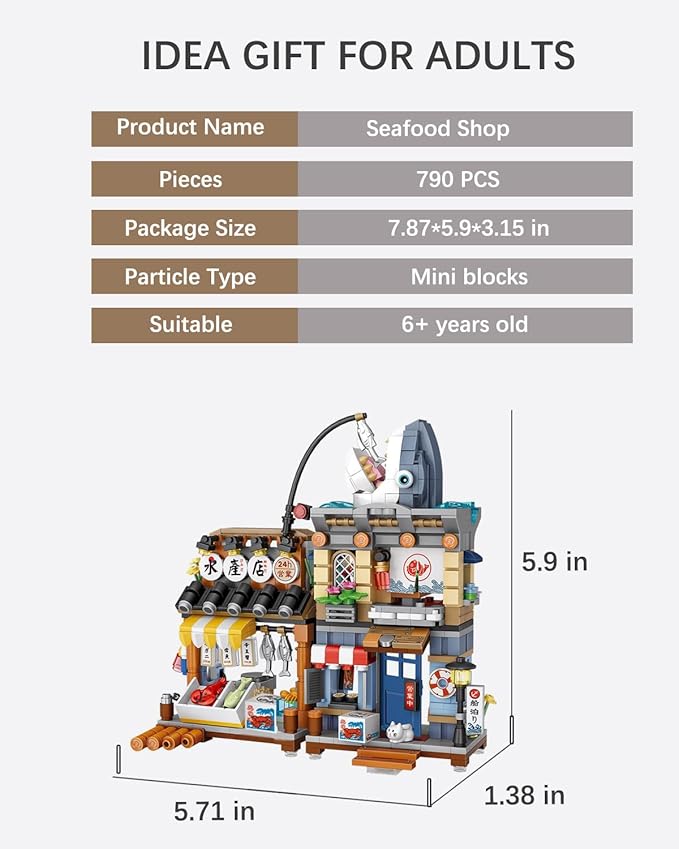 Japanese City Street View Seafood Store Mini Building Blocks Set 790 pcs, Aquatic Products Shop MOC Creative House, Simulation Architecture Toy, Gifts Idea for Kids Adults (1231)