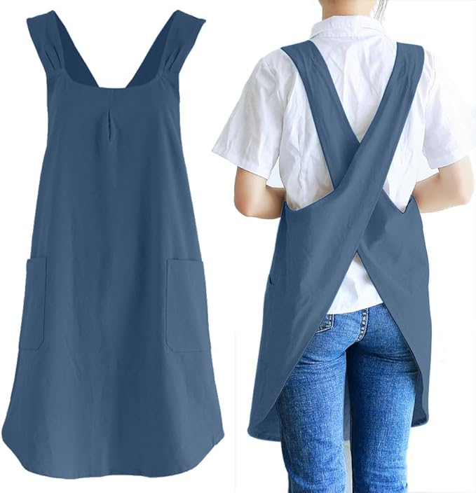 NEWGEM Japanese Cotton Linen Cross Back Cooking Apron for Women Men with Pockets Cute for Baking Kitchen