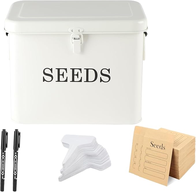 3 Dividers Seed Storage Box, Metal Seed Box Seed Storage Organizer with Safety Lock, Portable Garden Seed Bin, Professional All-in-one Kit, White