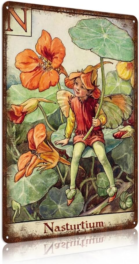 Flower Fairy Wall Decor Vintage Metal Tin Signs Fairy Garden Accessories - Nasturtium