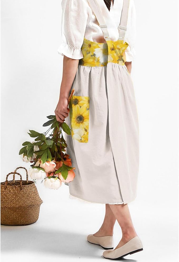 Uaussi Cotton Linen Apron Cross Back Work Apron for Women with Pockets Pinafore Dress X Cross Halter Apron for Chef Gardening