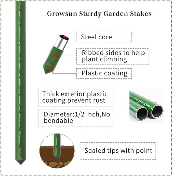 Growsun Tomato Cage for Garden, Upto 73 inch 6 PackTall Tomato Trellis Garden Stakes Plant Support, Green(5ft Stake add 18 inch Adjustable Stakes)