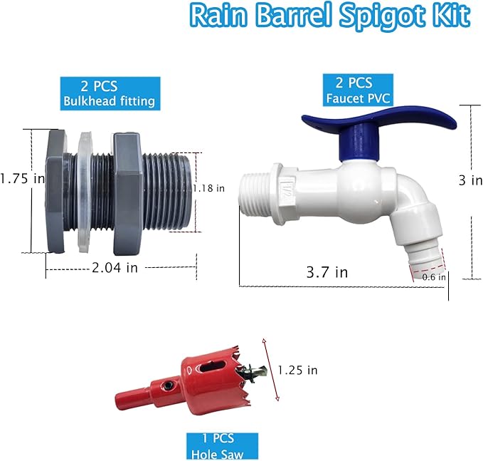 2 Pack Rain Barrel Spigot Kit, Rain Barrel Faucet Kit with Hole Saw and 1/2" PVC Bulkhead Fitting for Water Barrel, Water Tanks, Rain Barrels, Tubs, Garden Barrels
