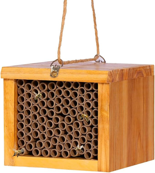 Mason Bee House - Wax Coated Bee Hotel for the Garden, Natural Handmade Wooden Insect Hotel, Mason Bee Home for Outdoors, Attracts Peaceful Bee Pollinators to Your Garden