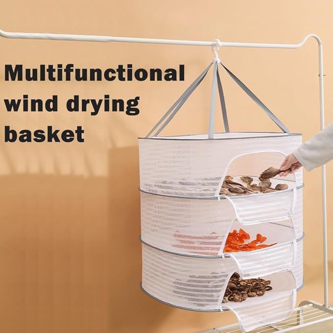 Herb Drying Rack, 3 Layer Foldable Hanging Mesh Net with Zipper, Collapsible Food Drying Fish Hanging Basket Dryer Net for Buds, Fruits, Vegetables, Herbs, Fish, Clothes, Doll(Size:M)