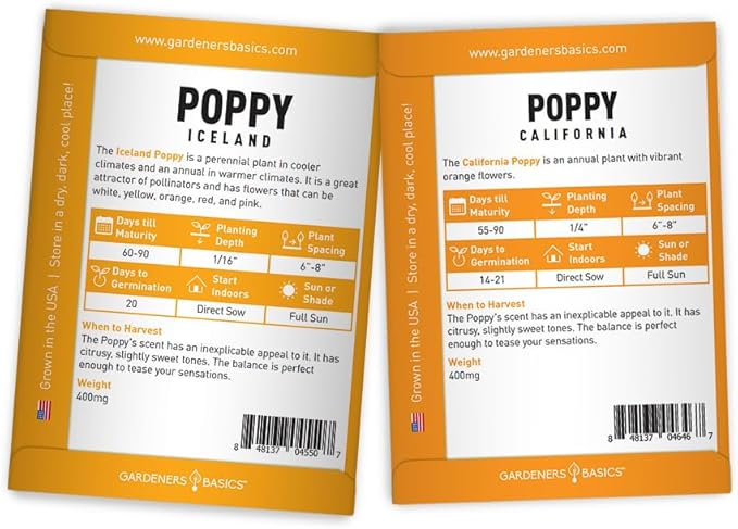 Gardeners Basics Poppy Seeds for Planting Outdoors Flower Seeds (Variety Pack of 4) Poppies Iceland, California, California Mikado and Red Corn Varieties for Bees, Pollinators Wildflower Seed