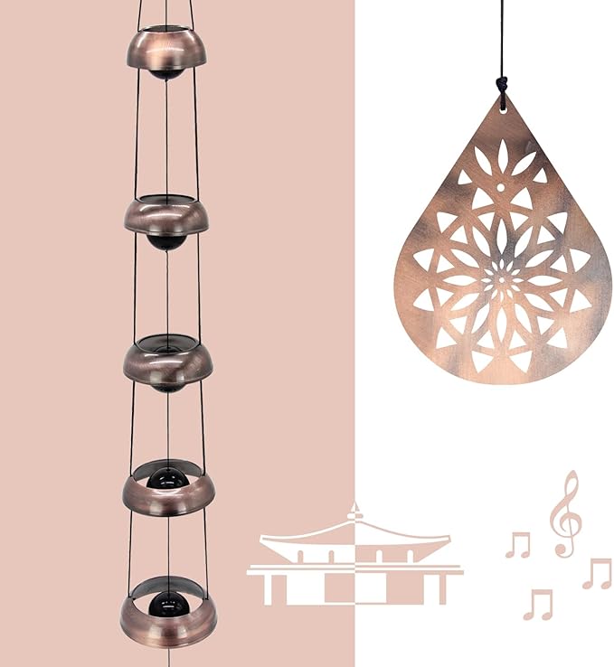 36" Copper Temple WindChimes with 5 Bells, Melodious Zen Feng Shui Wind Bells for Outside, Memorial Wind Chime Sympathy Gift with Unique Teardrop Mandala Sail, Decorative Garden Decor for Yard Patio