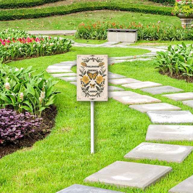 Uptell Aluminium Yard Sign Pollinator Friendly Garden Sign 8x12inch Outdoor Natural Retro Metal Signs Yard Grass Lawn Art And 12.8" Stake Kit