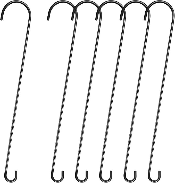6 Pack 36 Inch Extra Long S Hooks for Hanging Plants, Heavy Duty Metal Tree Branch Hangers for Bird Feeders Flower Baskets Lanterns Black Vinyl Coated Garden Extension Hooks
